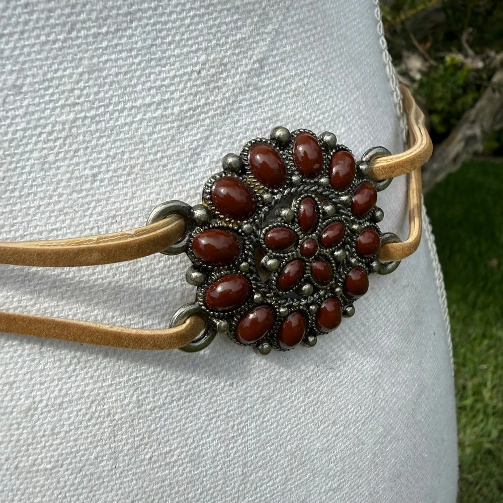 Western Concho Tie Belt Tan Suede Cord Faux Stone Medallion Boho Womens